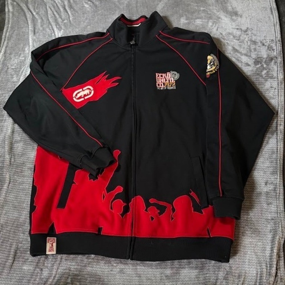 VTG Ecko Unltd Mens XXL Track Jacket Black Rhino Art of Progress Full Zip Jacket